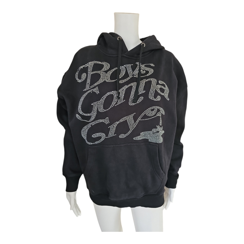 Boys Gonna Cry Rhinestone Font Black Graphic Drawstring Hoodie Sweatshirt XL